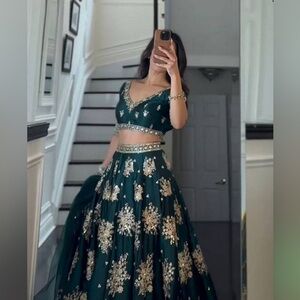 Green Sequin Thread Embroidered Satin Silk Lehenga Set - NWT